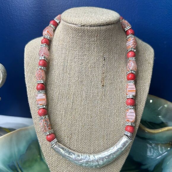 Handcrafted Genuine Millefiori & Gemstone Beaded Necklace 18” - Picture 2 of 5